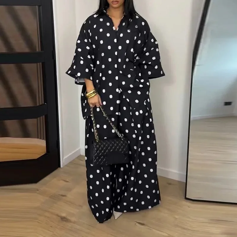 B 2026 Neues Damen-Set mit Polka-Dot-Muster, 2-teilig, Oversize-Kurzarmhemd und Weite-Hosen, Lässiger Loser Anzug – Detail 13