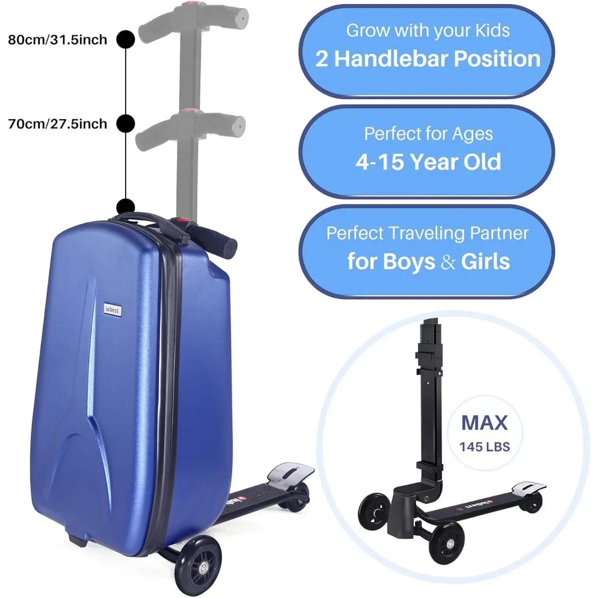 iubest Scooter Luggage Carry On Scooter Suitcase for Kids Age 4-15, Detachable & Foldable 4 in 1 Kids Suitcase