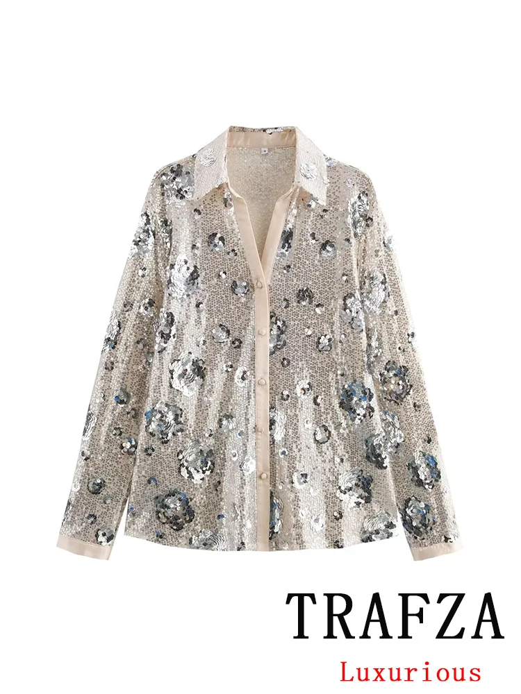 TRAFZA Vintage Sequins Women Blouse Long Sleeve Turn-down Collar Single Breasted Loose Blouse Fashion 2024 Autumn Winter Shirts