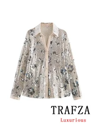 TRAFZA Vintage Sequins Women Blouse Long Sleeve Turn-down Collar Single Breasted Loose Blouse Fashion 2024 Autumn Winter Shirts