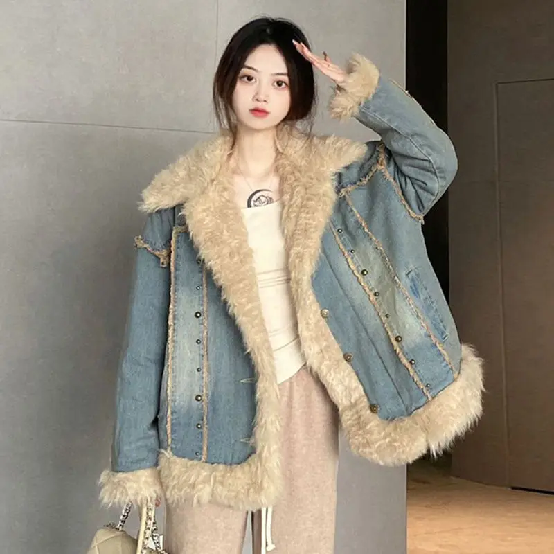 2024 Winter New Woolen Collar Jacket Women's Hong Kong Style Retro Clip Cotton Thick Cotton Clothes Versatile Loose Cardigan Top