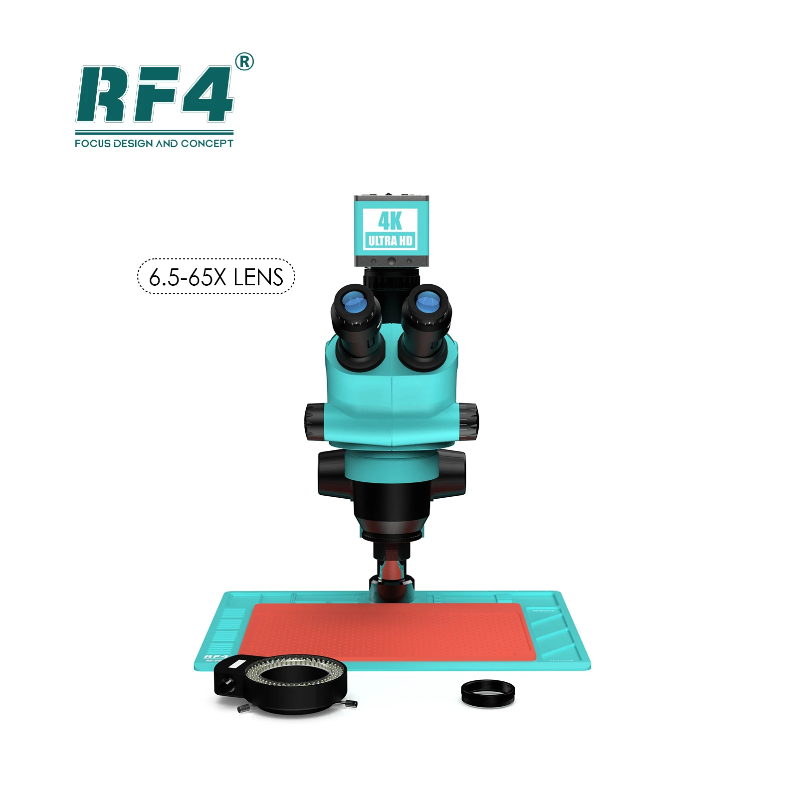 RF4 6,5-65X HDMI USB 4K Cámara Pilar soporte Zoom teléfono soldadura PCB reparación Trinocular microscopio estéreo RF6565-PO4-4KC1