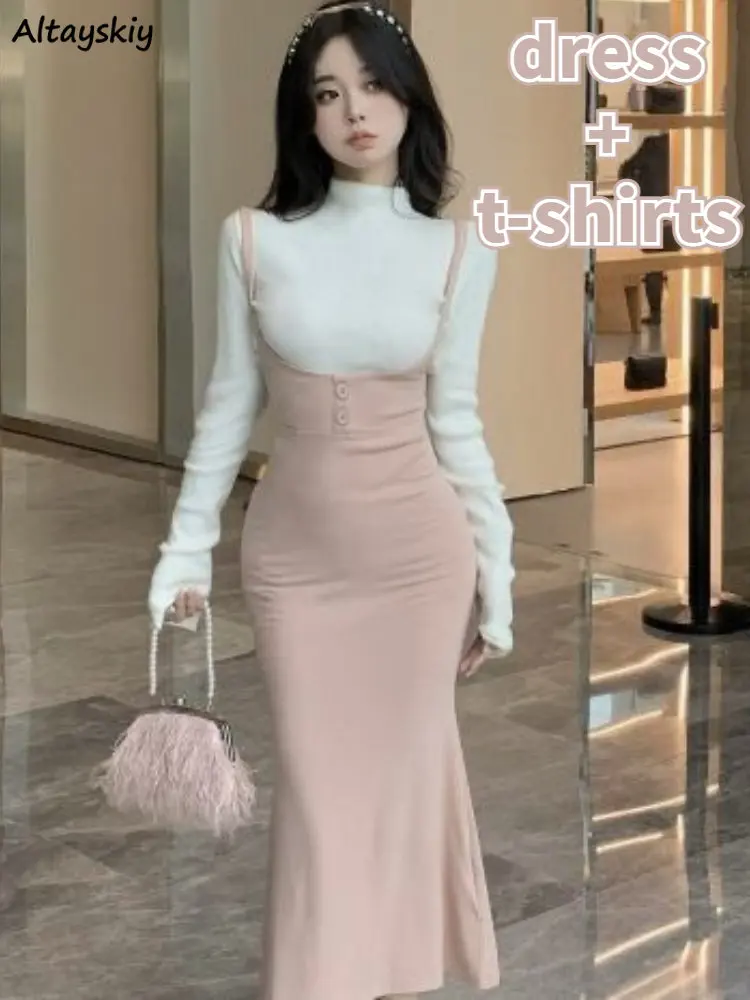 Women Sets Trumpet Midi Hotsweet Dress Long Sleeve T-shirts Elegant Female Casual Spring All-match Party Aesthetic Vintage New