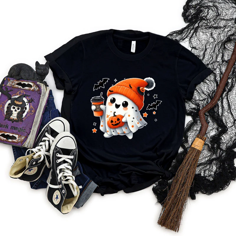 Ghost Coffee Lover Short Sleeve T-shirt Horror Pumpkin Graphic Casual Tops Women Cute Ghost Funny Halloween Essential Clothing image 2