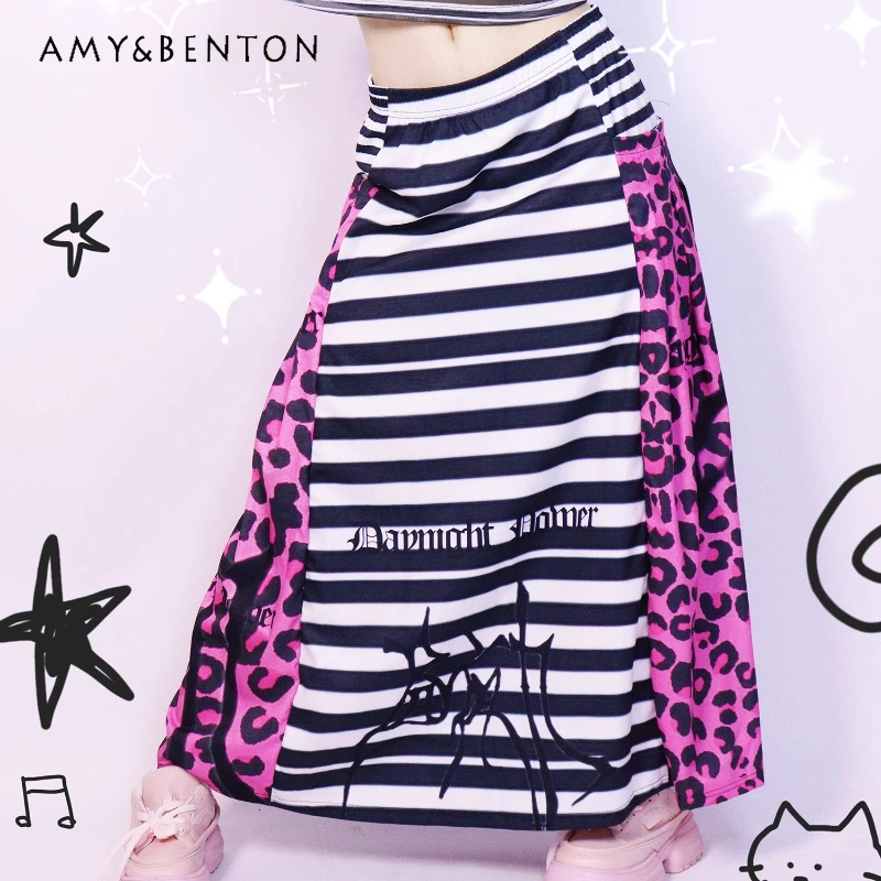 

Original American Leopard Print Striped Splicing Women's Skirt Summer New Punk Style Y2k Loose Thin A-line Long Skirts Ladies
