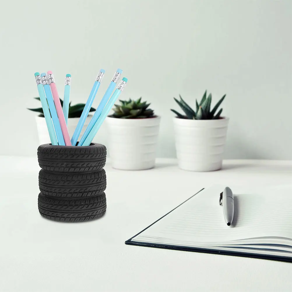 

4pcs Tire Shaped Pen Holder Black Plastic Desk Organizer 3 Layer Stationery Storage Pencil Jar Office School Supply Container