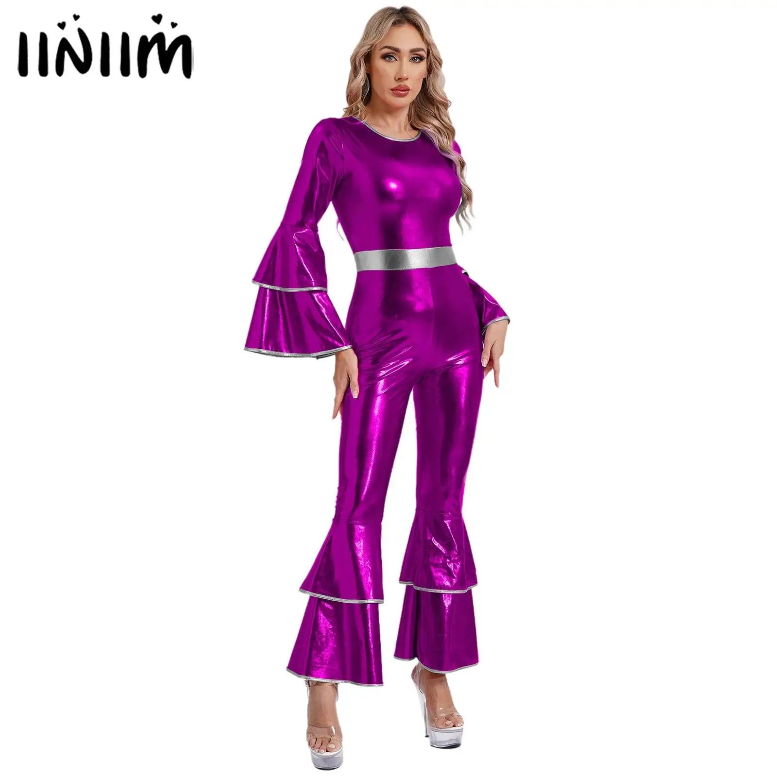 Womens Vintage 70S Disco Jazz Dance Performance Costume Tiered Flare Sleeve Bell Bottom Hippie Romper Metallic Shiny Jumpsuit