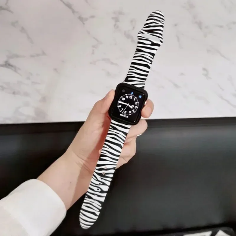 Zebra Print Strap For Apple Watch Band Ultra 49mm 45mm 44mm 42mm 38 40 41mm Silicone Bracelet iWatch 8 7 6 5 4 3 SE Accessories