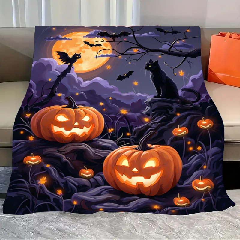 

Flannel Blanket-Soft Lightweight All-season Halloween Pumpkin and Cat Cozy Baby Blanket Soft Plush Throw