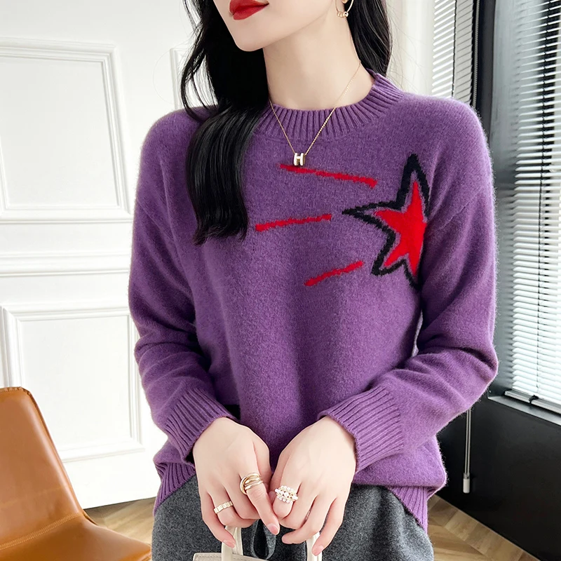 Cashmere Sweater Women\'s 2024 Autumn/Winter New Knit Round Neck Pullover 100% Wool Loose Korean Fashion Luxury Female Clothing