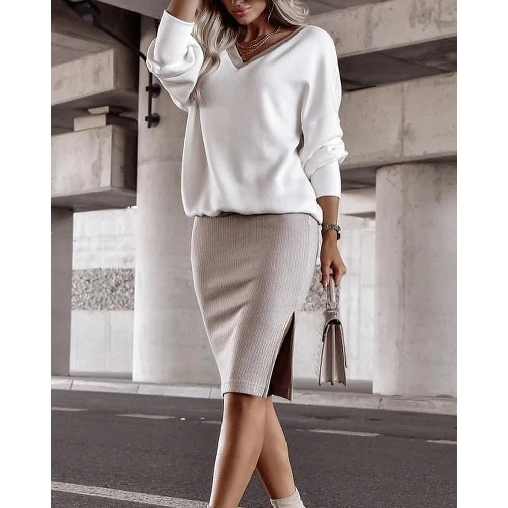 Summer Women Long Sleeve V Neck Top & Split Hem Midi Skirt Set Female Casual Two Pieces Set Spring Autumn Work Office Clothes