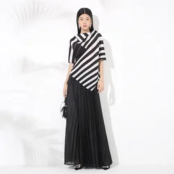 Miyake Pleated Fashionable Wide-leg Pants Suit New High-end Striped Print Design Top Wide-leg Pants Two-piece Set