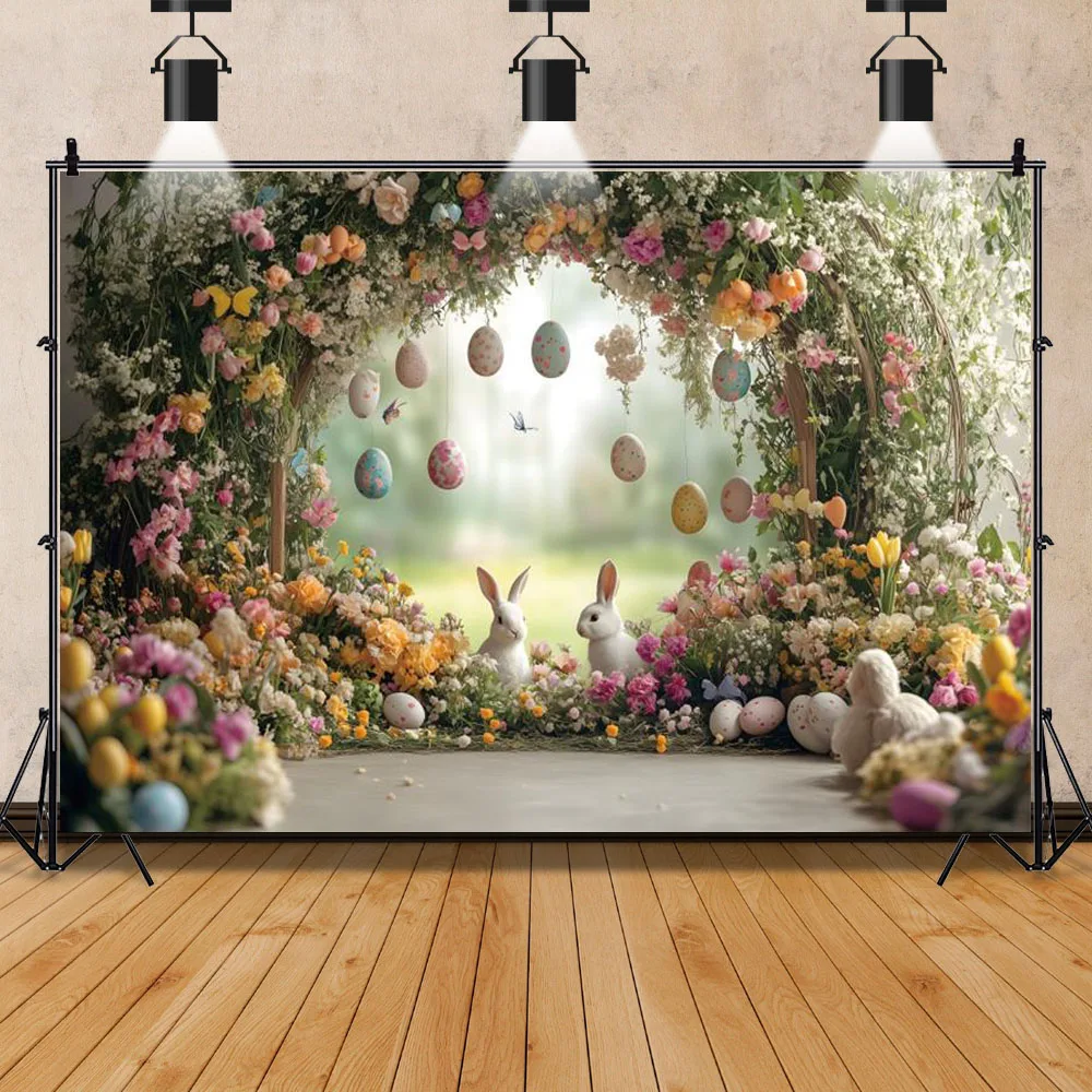 سعيد عيد الفصح موضوع الربيع الملونة البيض أرنب قوس الباب زهرة حفلة عيد ميلاد خلفية الطفل صورة التصوير الخلفية