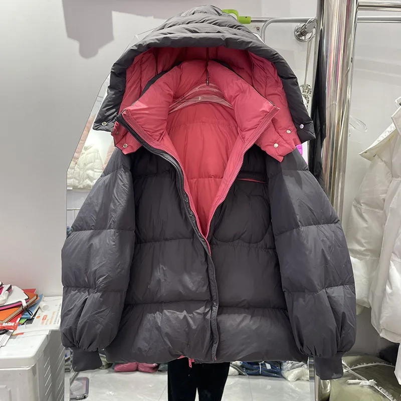 Winter 2023 Korean New Fashion Puffy Hooded Short Feather Coat Short Loose White Duck Down Jacket Female