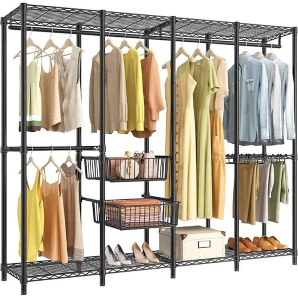 Portable Closet Wardrobe Heavy Duty Clothing Rack with 2 Sliding Storage Baskets & 10 Pants Hangers Freestanding Clothes Storage