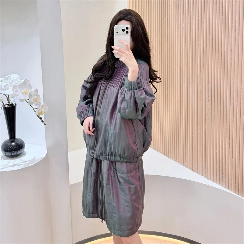 المرأة الخريف الشتاء قطعتين الرجعية الوقوف طوق جاكيت زيبرا + مرونة الخصر نصف تنورة التدرج الليزر النسيج مجموعة الموضة