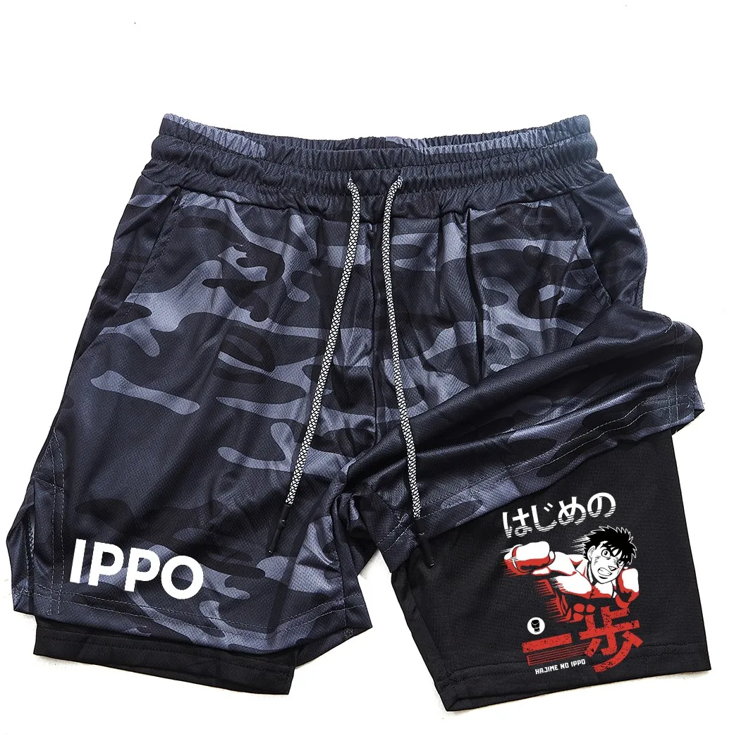 Anime IPPO Print 2 in 1 Compression Shorts for Men Athletic Performance Gym Shorts with Pockets Quick Dry Fitness Workout Boxing