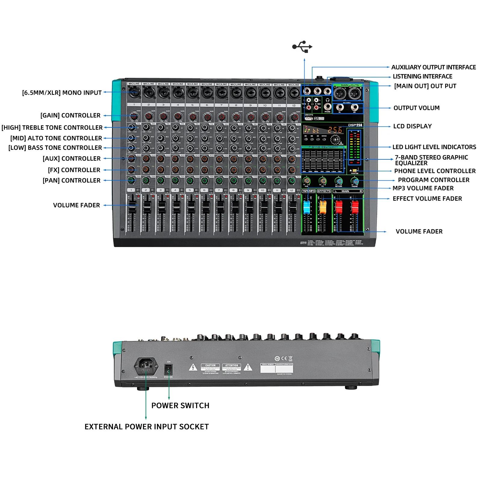 MG12 Audio Console Mixer USB Connection 12 Channels Digital Professional Audio Mixer Console