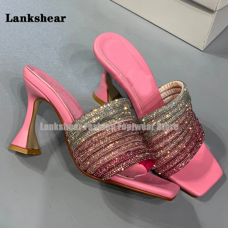 Summer Colorful Rhinestone Slippers for Women Sexy Stiletto High Heel Peep Toe Plus Size Sandals Slides Mid Heel Mules Shoes