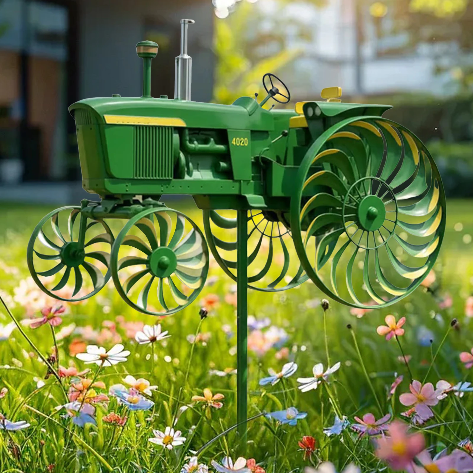 Tractor Wind Sculpture with Rotating Wheels Green Tractor Windmill Stake Decorative Windmill for Garden Yard Patio Lawn Decor view 4