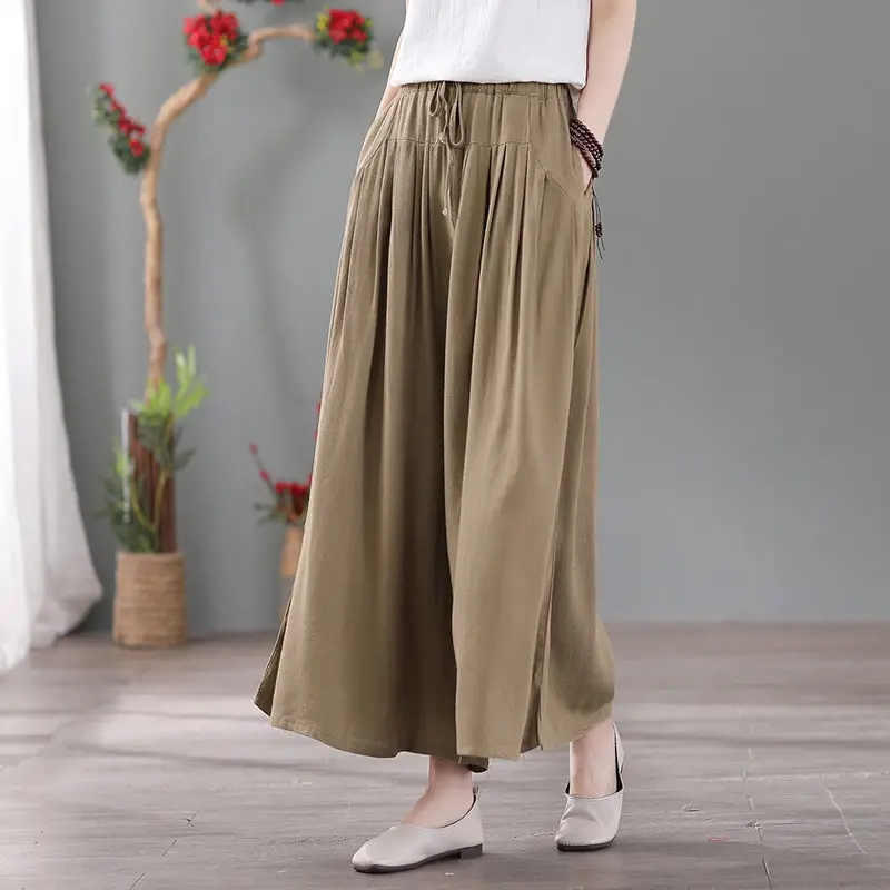 

Vintage Wide Leg Linen Pants Women 2023 Spring Summer Big Size Slim Loose Versatile Casual Trousers Elastic Waist Culottes Z680