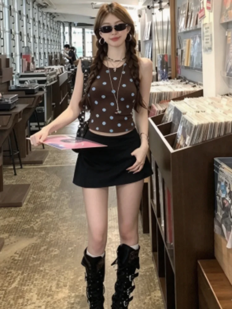 Minimal Solid Black High Rise Skort Casual Streetwear Short Skirt Built-in Safety Shorts