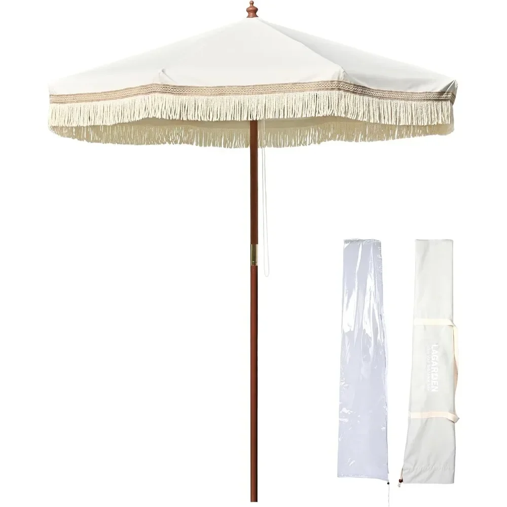 

7' ft Umbrella with Tassels UPF50+ Boho Style 5-Year-Non-Fading Sunumbrella for Outdoor,Model:BH7W-01P