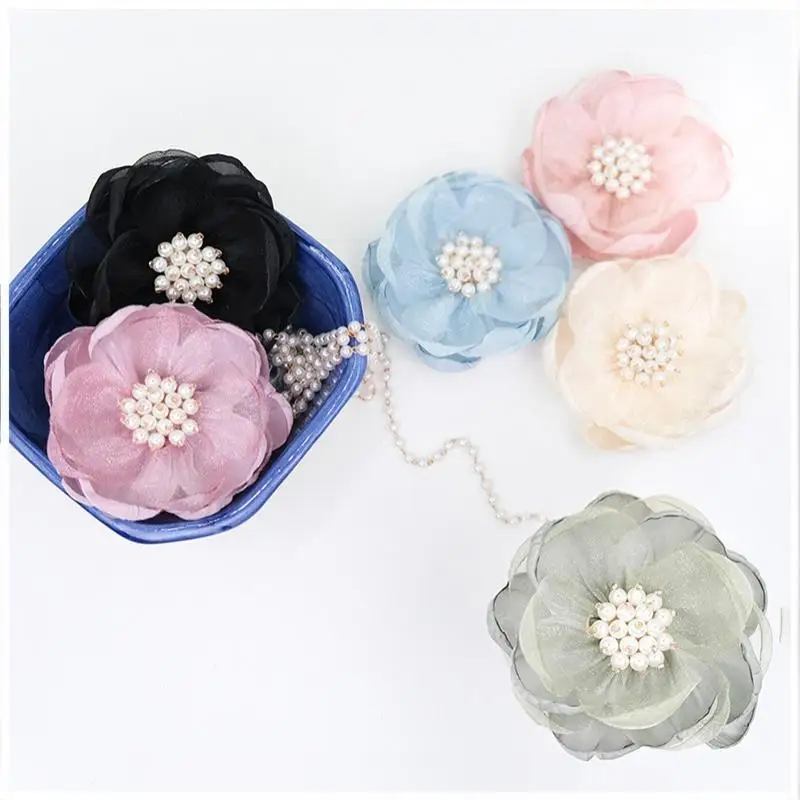 5Pcs Sewing Fabric 3D Chiffon Flower Chiffon Beads Center Artificial Flower Shoes Decor Burnt Edge DIY Sewing Applique