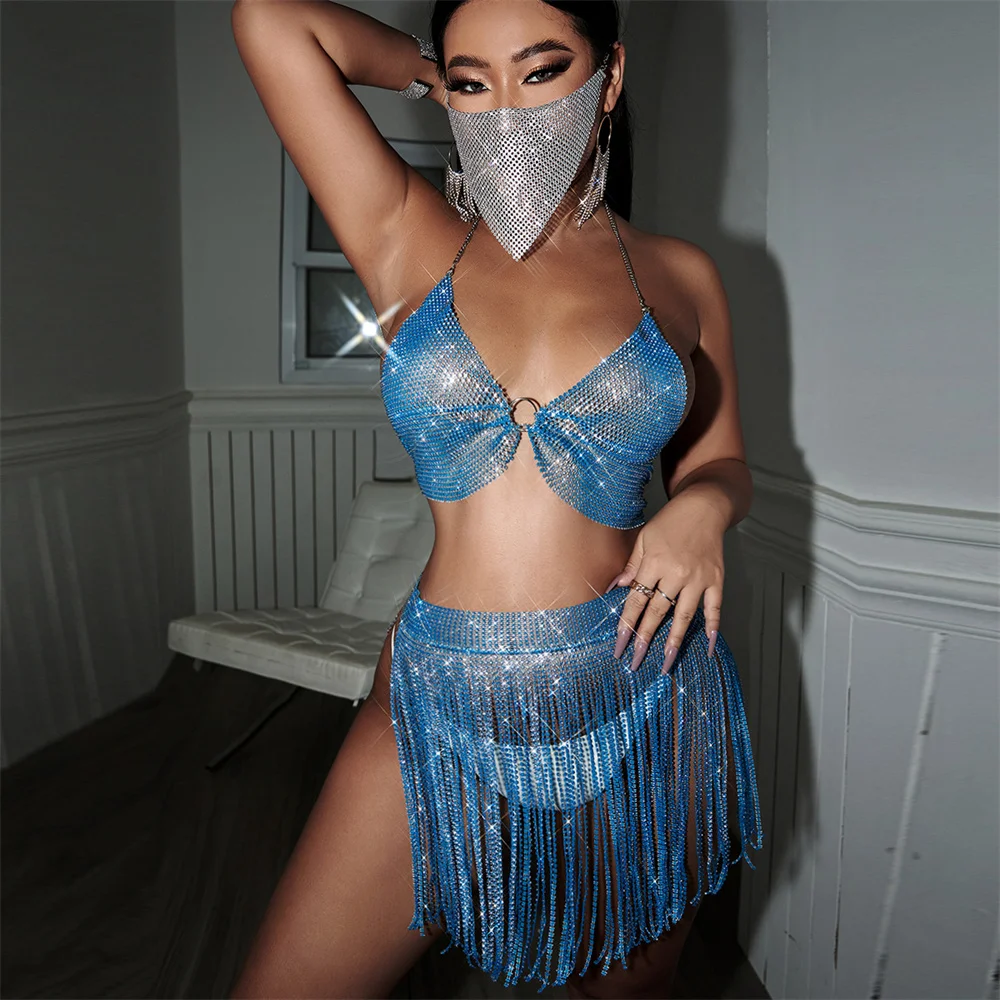 

Sparkling Tassel ort Skirt Set with Water Diamond for Women Nightclub Faionable Sexy Beads Nylon Material Summer Collection