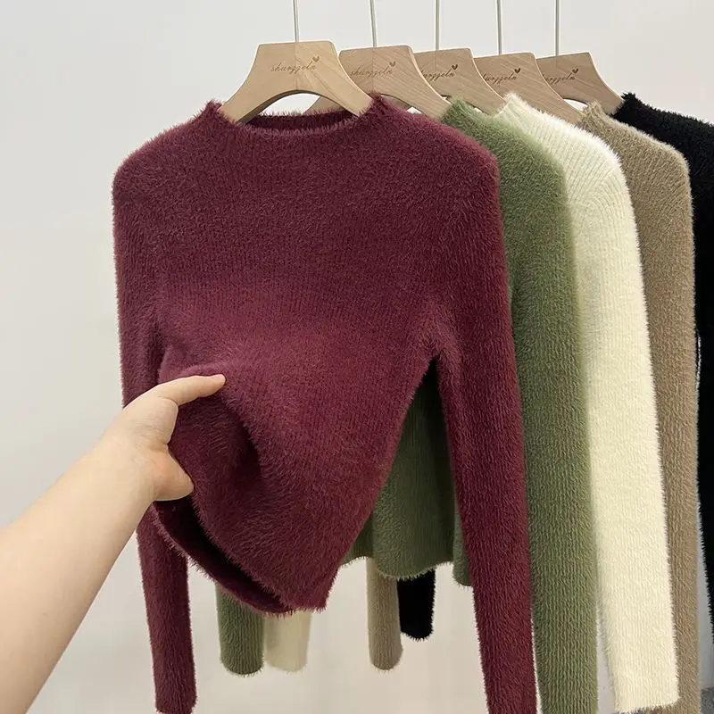

Women Thickened Half-high Collar Sweater Mink Velvet Slim Inner Wear Warm Pullover Knitted Pink Soft Multicolor Jumper Sweaters