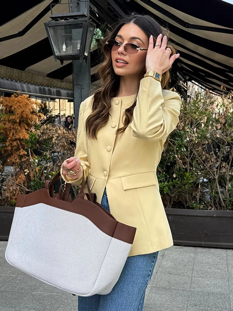 

Office Lady Elegant Single Breasted Solid Blazer Coat Women Solid O-neck Long Sleeve Slim Jacket 2025 New Autumn Women Outwear