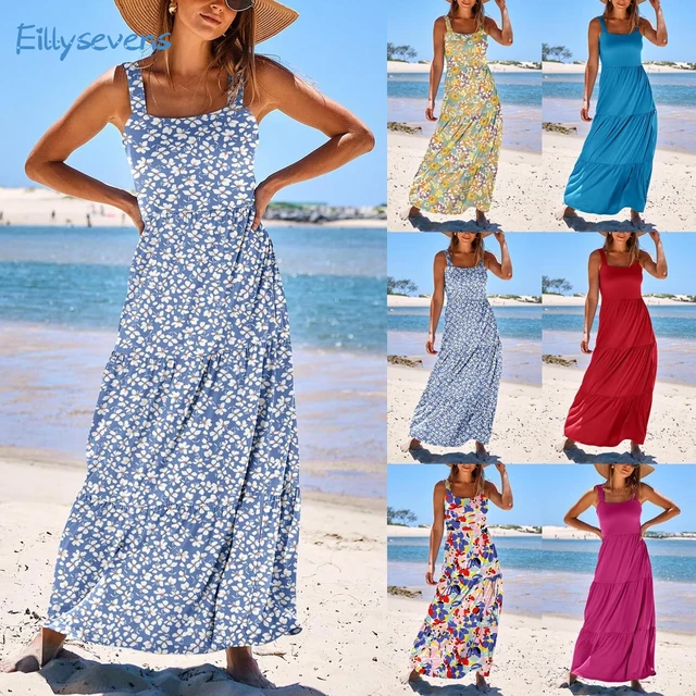 Women'S Maxi Tank Dresses Summer Casual Long Beach Vacation Dresses  Sleeveless Square Neck Flowy Tiered Sun