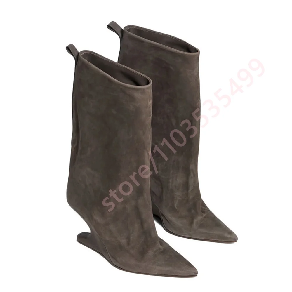 Vibrant Red Mid Calf Boots Women Pointed Toe Unique Hollow Curved Wedge Heel Slip On Pull Tab Fashion Modern Street Tall Booties