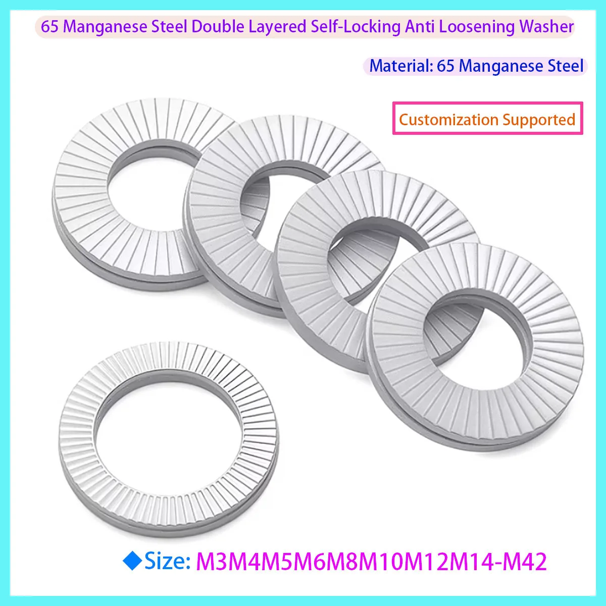 65Mn Steel Double-Layered Self-Locking Anti-Loosening Washers - Interlocking Embedded Double-Sided Serrated Lock Gaskets