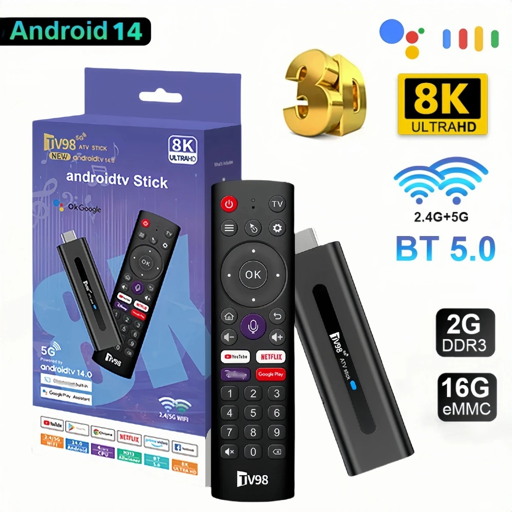 

ТВ-приставка TV98 Mini TV Stick, Android 14, HDR, 8K, Wi-Fi