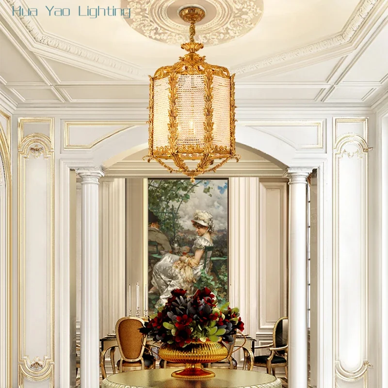 European Style Luxury Crystal Light Brass Hanging Lights Lanterns Decorative Cage Light Pendant Lamp