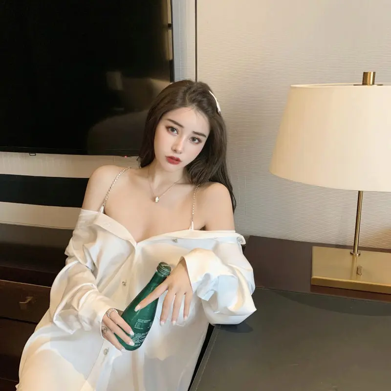 White Dress Women Sexy Nightwear  Lingerie Shirts Nightie Home Suit Night Wear