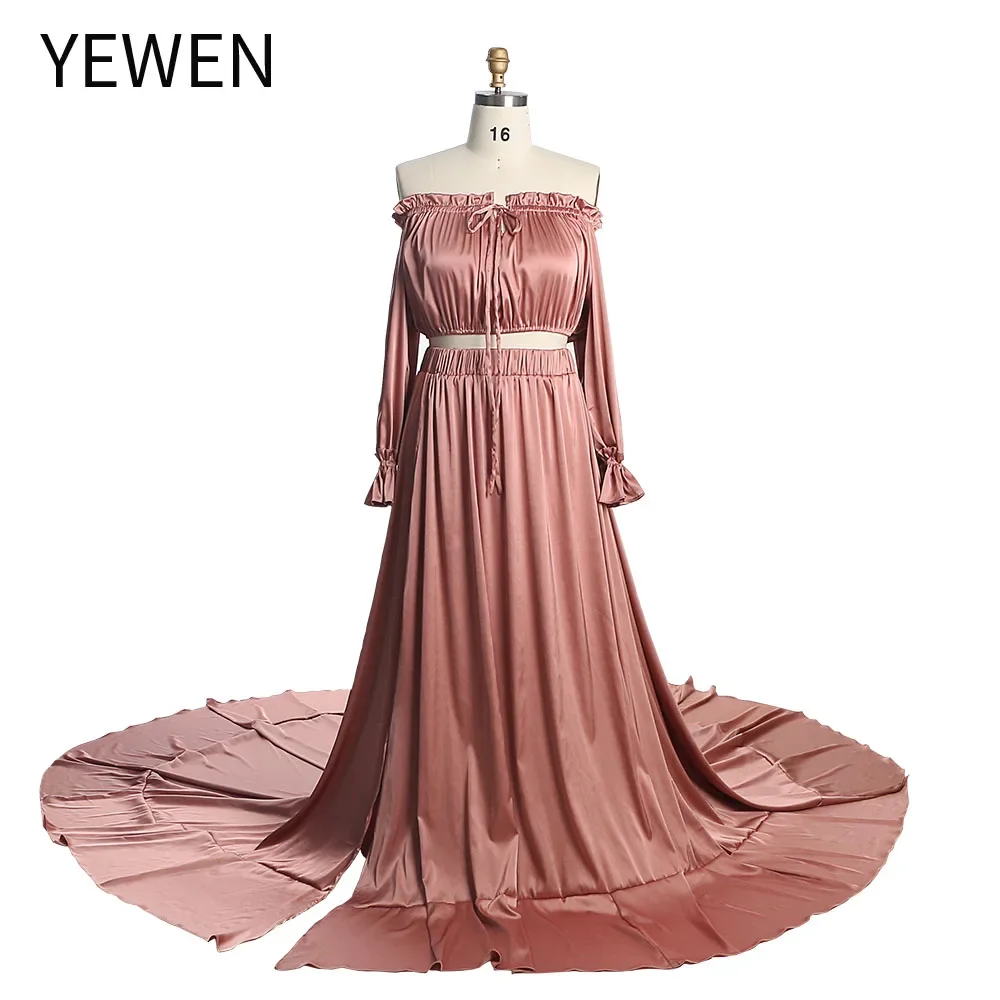 

Soft Satin 2 Piece Boho Maternity Photoshoot Dress for Photo Shoot Side Slit Photography Dresses Off Shoulder Maternity Clothing