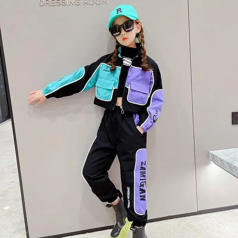 Children Clothes Teenage Girls Fashion Patchwork Color Streetwear Tracksuit Jacket + Pants 2pcs Kids Reflective Set Outfits