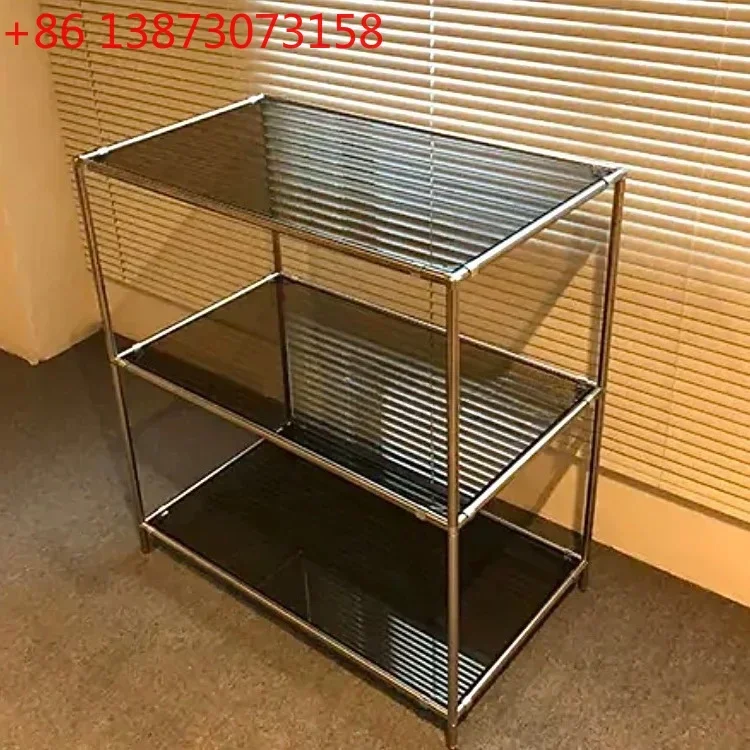 Metal stainless steel glass display rack three-layer floor bedside coffee table Chinese ancient style