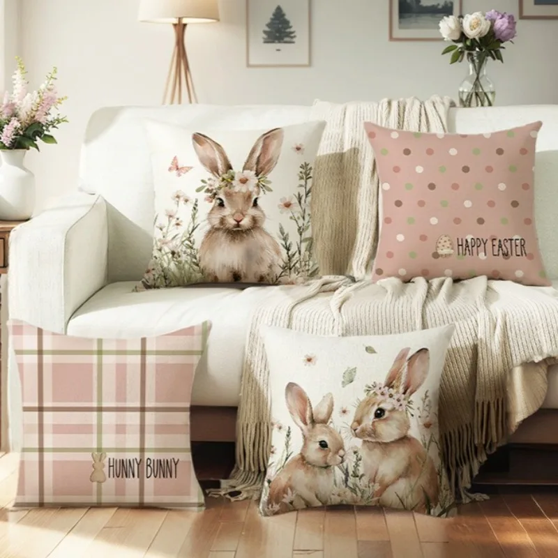 4Pcs Easter Print Pillow Cover Cute Bunny Polyester Plaid Series for Living Room Sofa Bedroom Cushion Decoration Holiday Gifting
