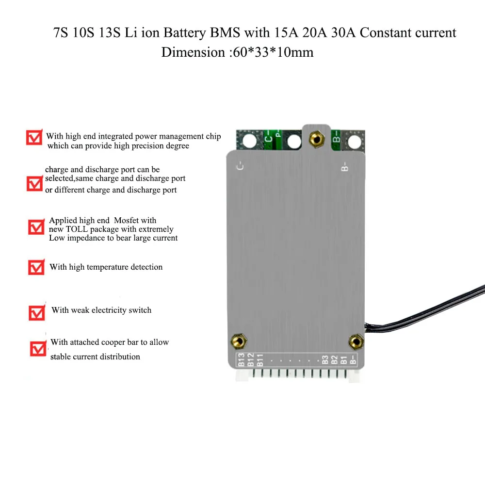 7S 24V 13S 48V  battery PCB board with 30A or 20A constant discharge current with On off switch functions
