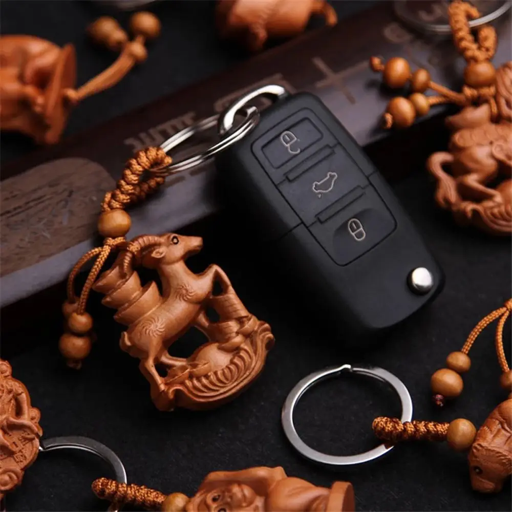Horse Fengshui Gift Bag Pendant Car Key Ring Ethnic Key Chain Engraving Wood Keyring Mahogany Chinese 12 Zodiac Keychain