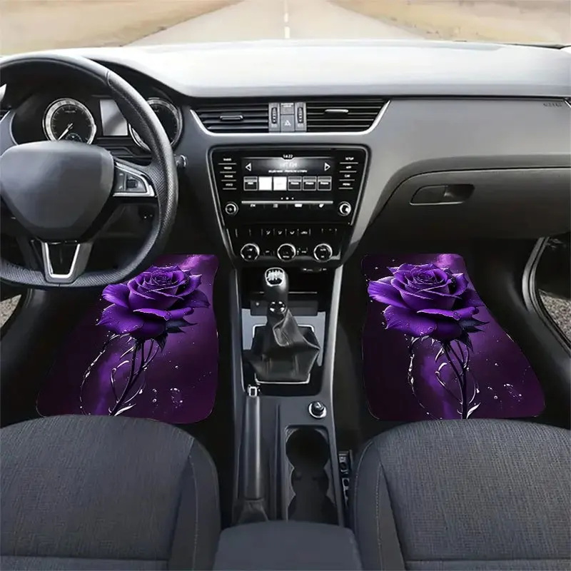 4pcs Purple Rose Pattern Car Floor Mats Set, Crystal Velvet Material -Slip Pads Universal Design Decorate Your Interior Space Ef
