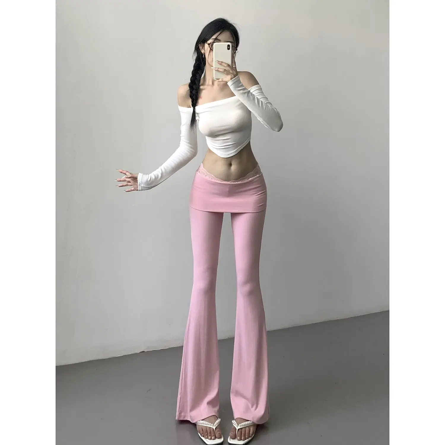 Lace V-waist slim fit stretch yoga micro-flared pants women's drooping casual pants ballet pants autumn women jeans