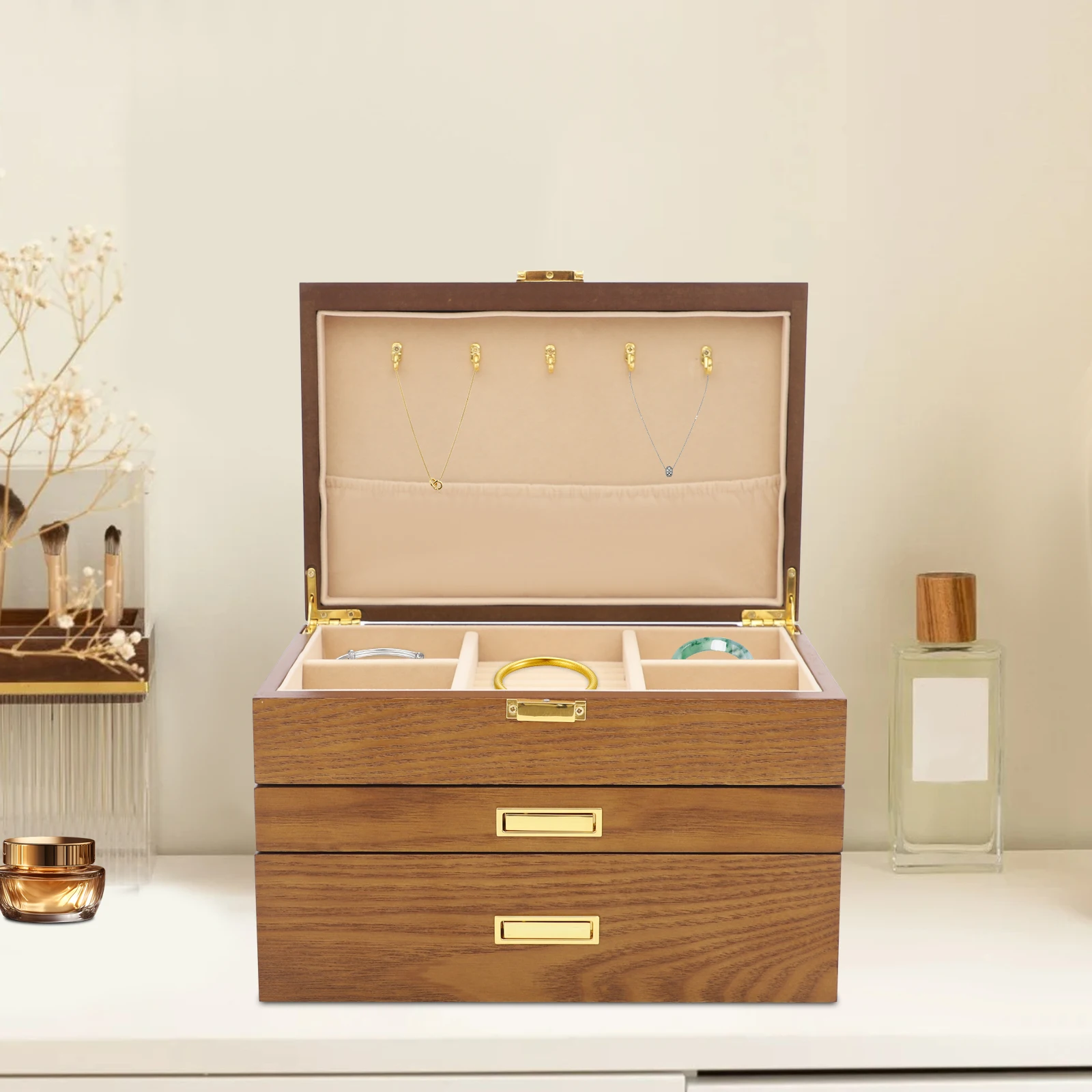 3 Layers Brown Jewelry Box, Plush Lined Multifunctional Jewellery Storage Case, Wooden Painted Desktop Earring Necklace Ring Organizer, Vintage Cosmetic Display Cabinet, Portable Accessory Collection Holder