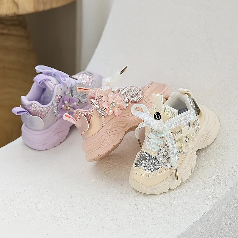 

Теннисная брендовая обувь для девочек, осень 2023, новая обувь принцессы с бриллиантами, модная блестящая детская обувь, теннисные женские универсальные кроссовки для девочек