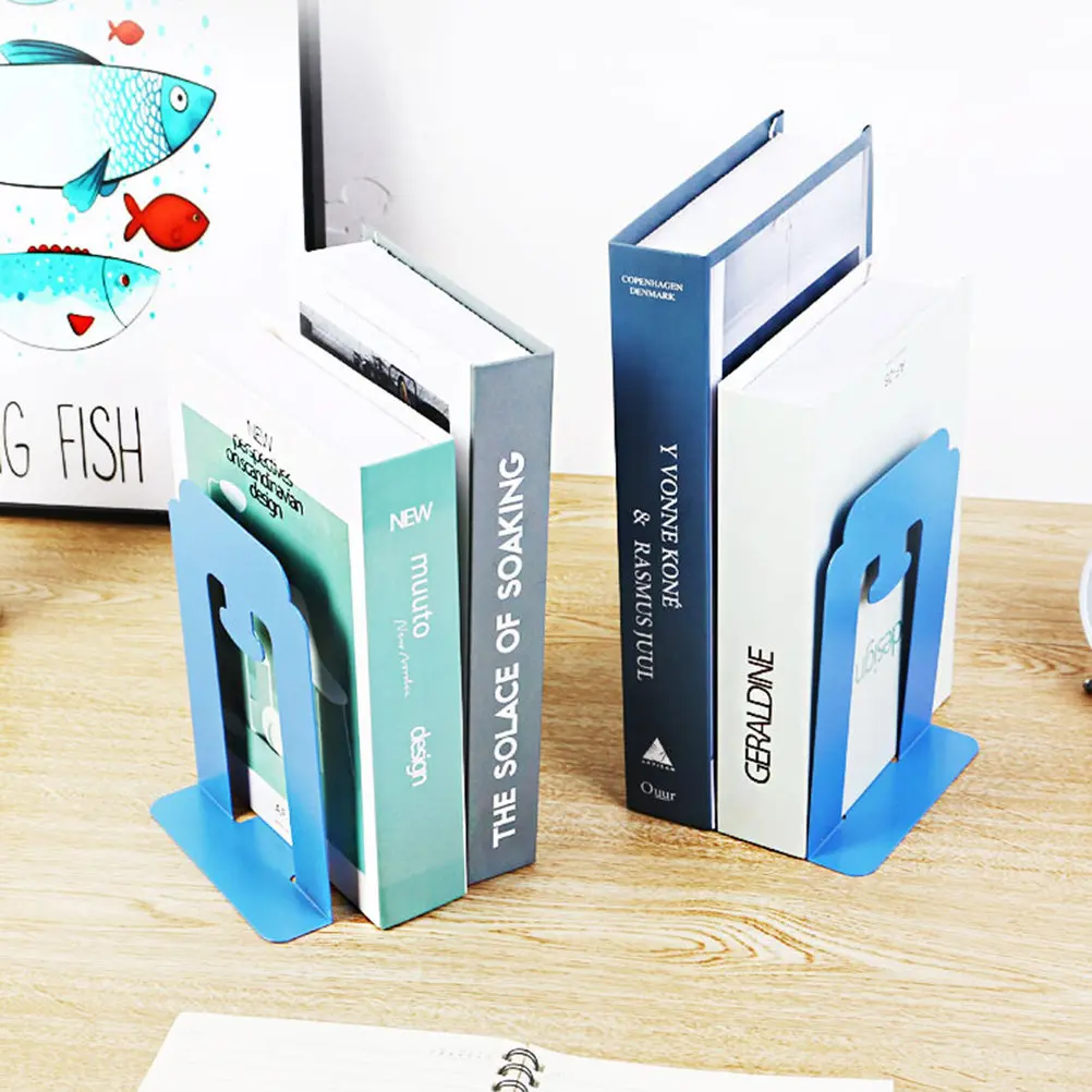 4Pcs Creative Blue Iron Bookends Solid Metal Non-Slip Book Supports Organizer for Office School Shelf Desktop Magazine Files