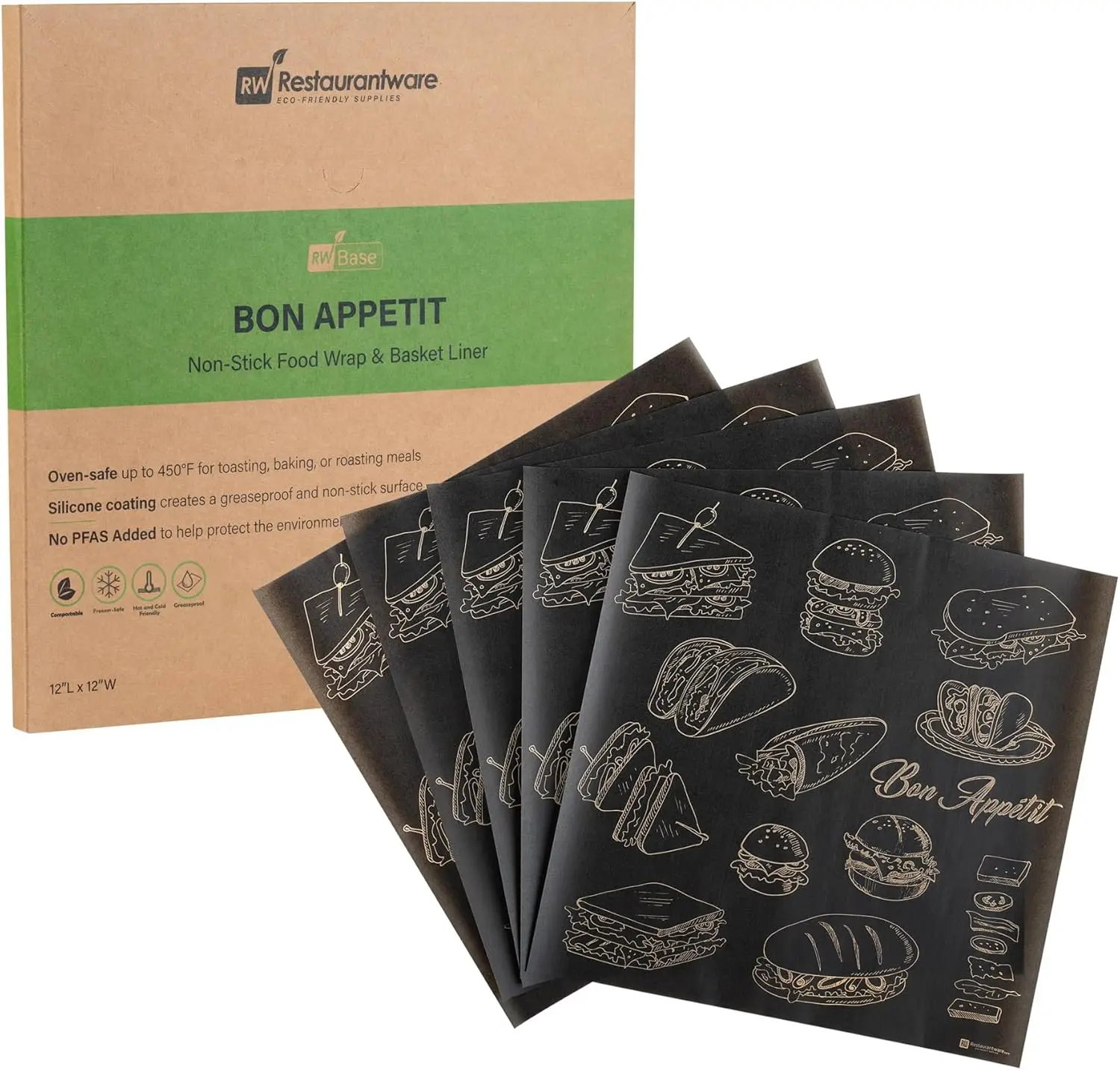 

RW Base 12 Inch Deli Papers, 200 Bon Appetit Sandwich Wrapping Papers - No Added PFAS, Greaseproof, Black Paper Food Bas
