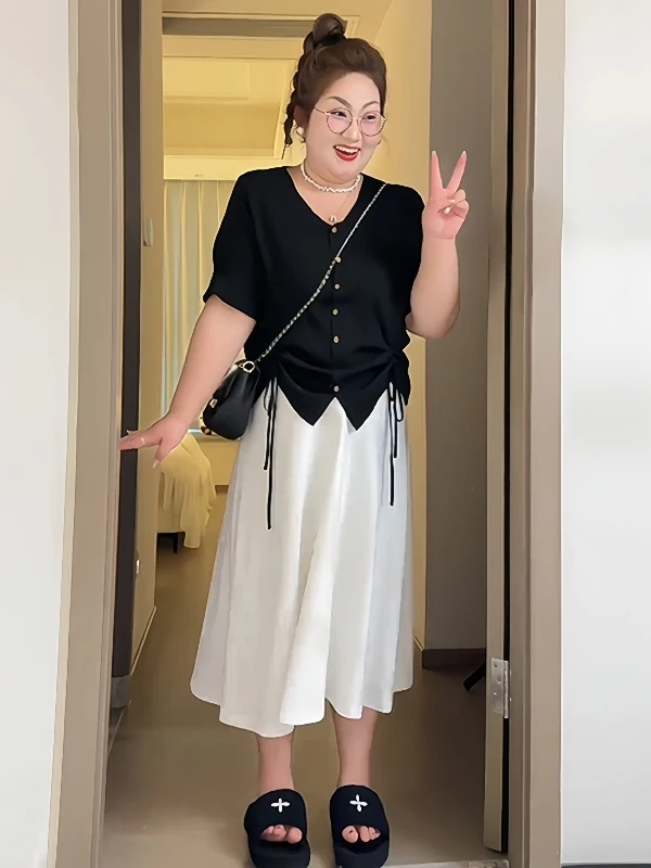 تأثير التخسيس حجم كبير تي شيرت المرأة مع تصميم حزام ort Sve الكورية Sle فضفاضة تناسب الصيف الأعلى للنساء الثقيلة #3